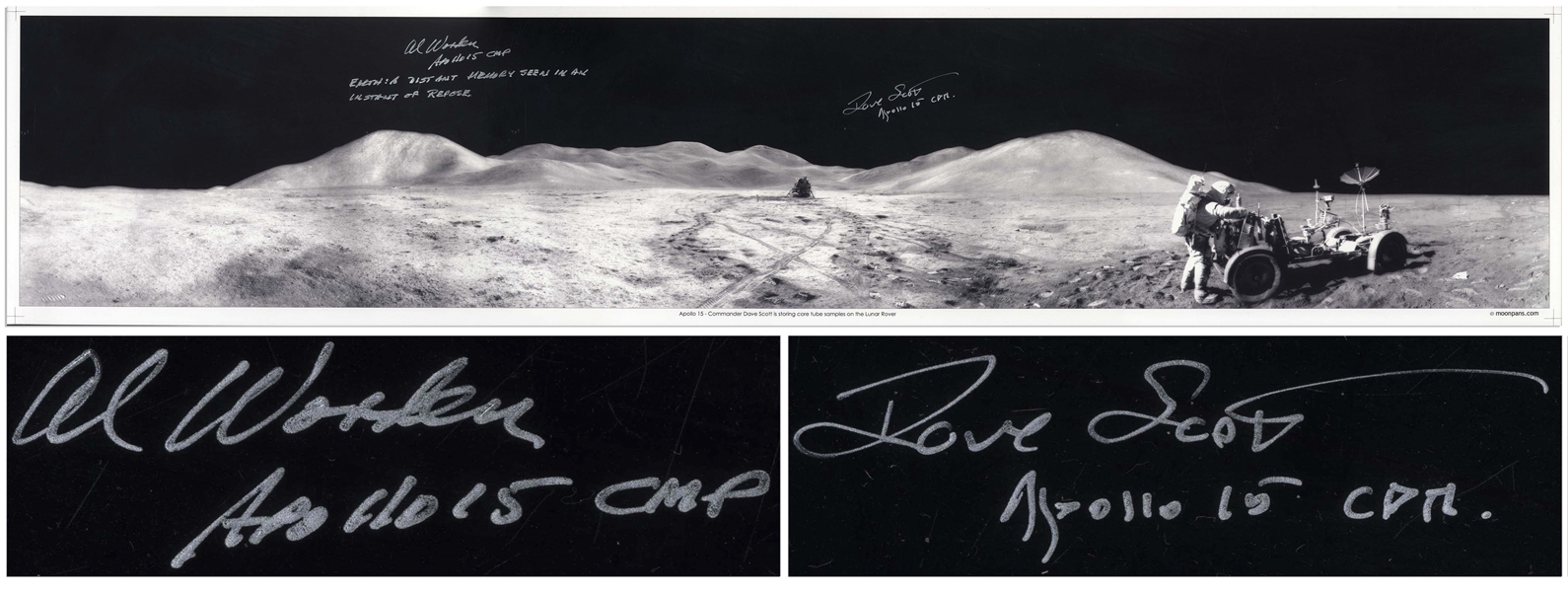 Al Worden & Dave Scott Signed Panoramic 40.5 x 8.5 Photo of the Moons Surface -- Worden Additionally Writes His Famous Quote About Seeing Earth From the Moon